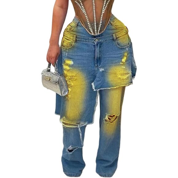 Denim - Women’s Ripped Baggy Jeans High Waist Wide Leg Distressed Denim Pants